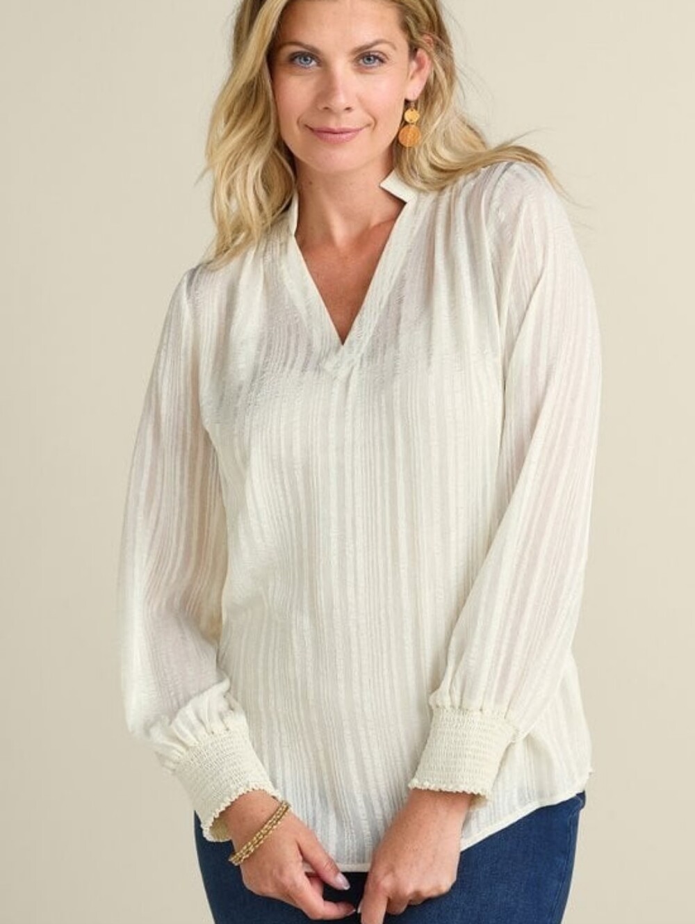 NEW SOFT SURROUNDINGS Sheer Blouse Women's XL Cream Smocked Cuffs Quiet Luxury